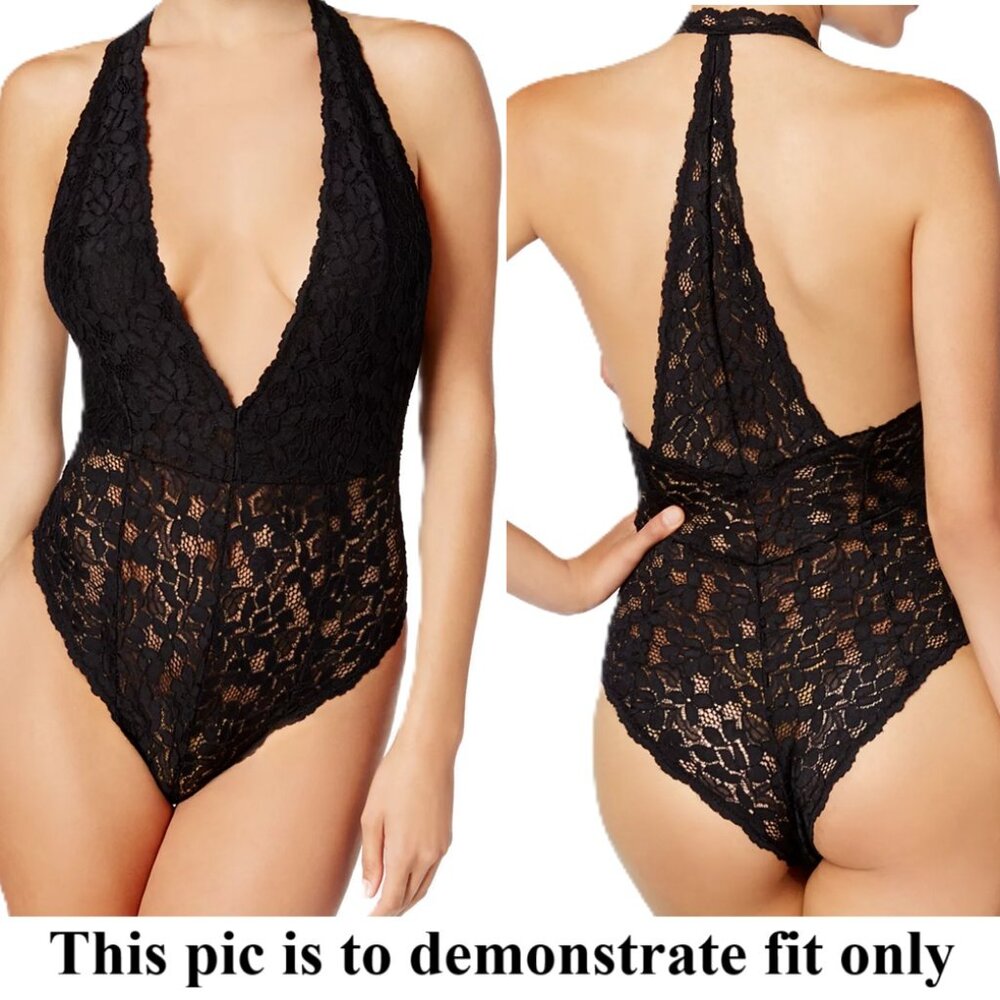 Intimately Free People Bodysuit Top L Avery Lace V Neckline Stretch T Back Black